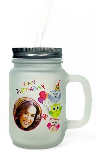 Henkelglas mit Deckel und Trinkhalm imit Wunschdruck